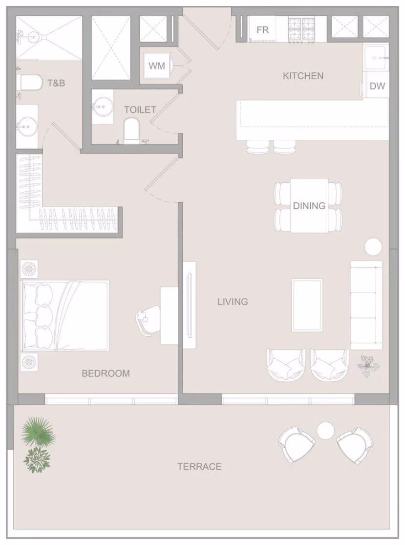 תוכנית חדר שינה אחד · 1 BR Type B ב־נדל"ן להשקעה Object1 S1LVA Park Living, באזור Jumeirah Village Triangle (JVT), דובאי