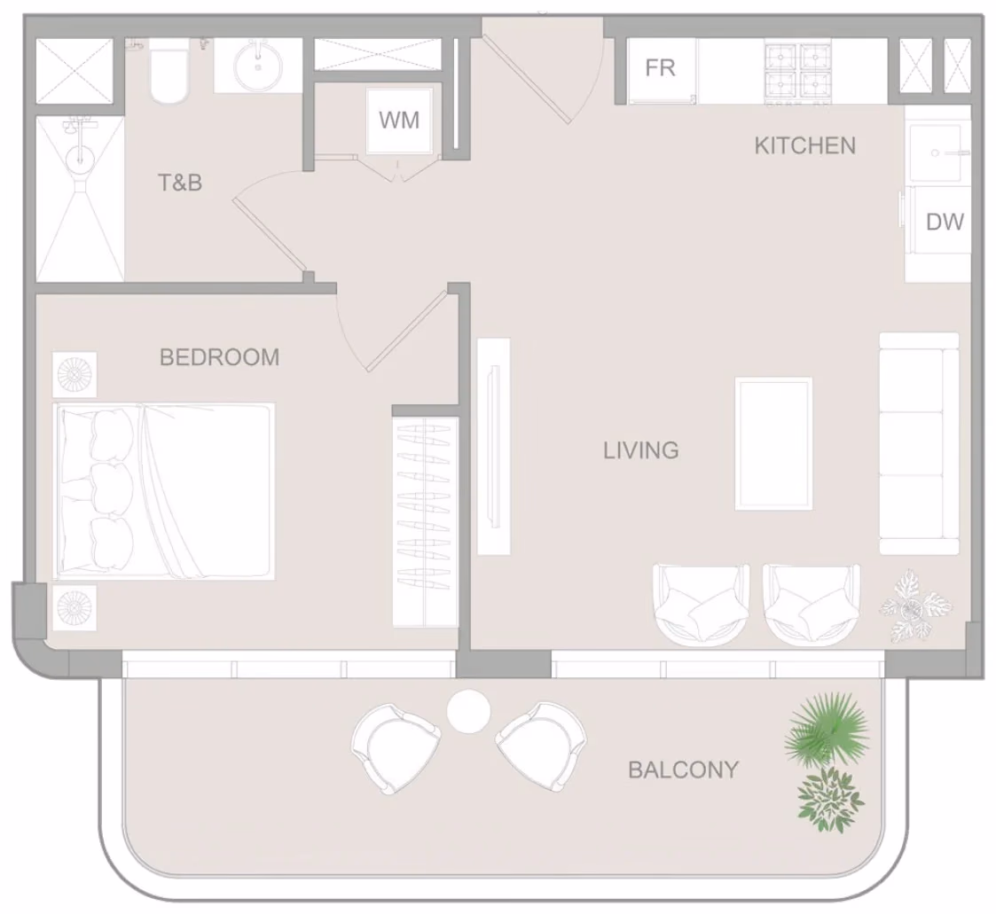 תוכנית חדר שינה אחד · 1 BR Type BB ב־נדל"ן להשקעה Object1 S1LVA Park Living, באזור Jumeirah Village Triangle (JVT), דובאי