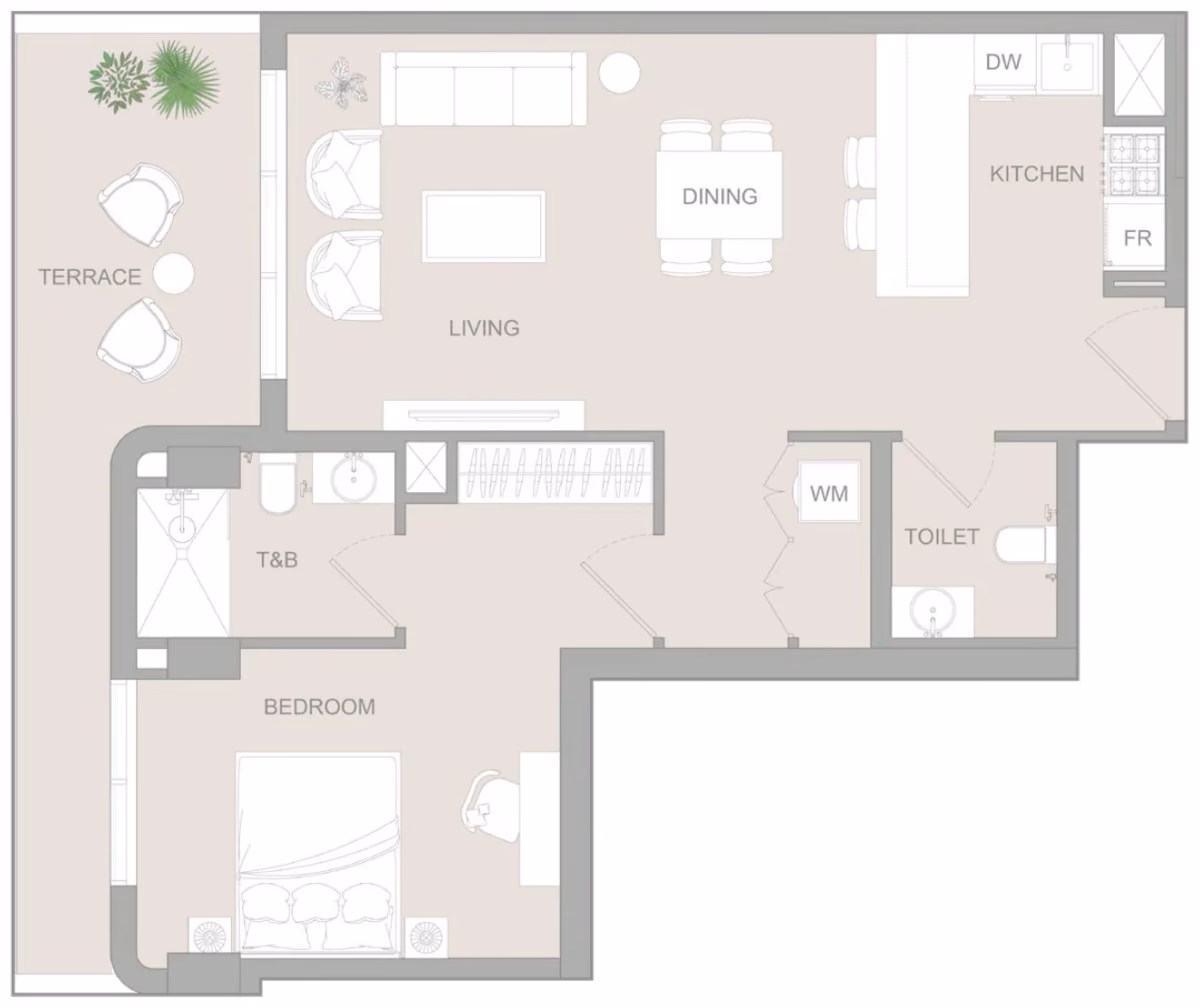 תוכנית חדר שינה אחד · 1 BR Type C ב־נדל"ן להשקעה Object1 S1LVA Park Living, באזור Jumeirah Village Triangle (JVT), דובאי