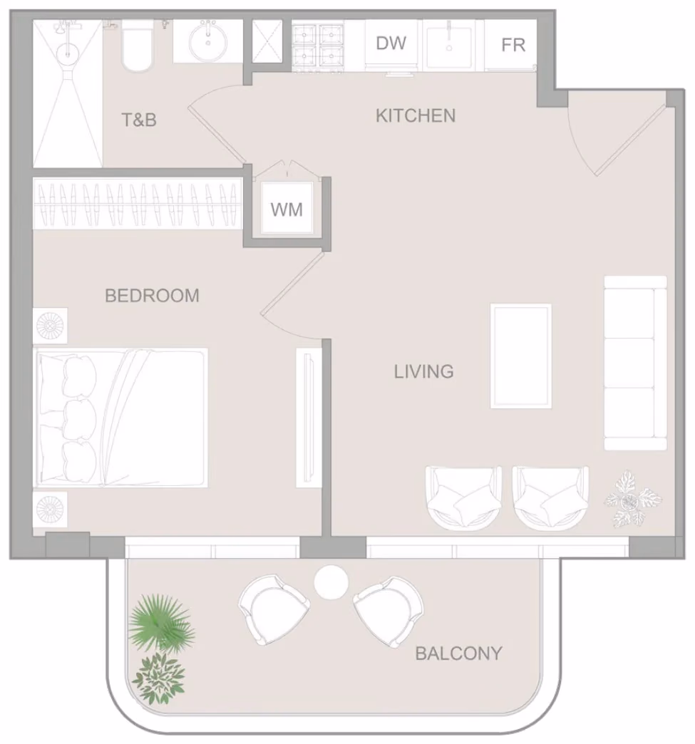 תוכנית חדר שינה אחד · 1 BR Type CC ב־נדל"ן להשקעה Object1 S1LVA Park Living, באזור Jumeirah Village Triangle (JVT), דובאי