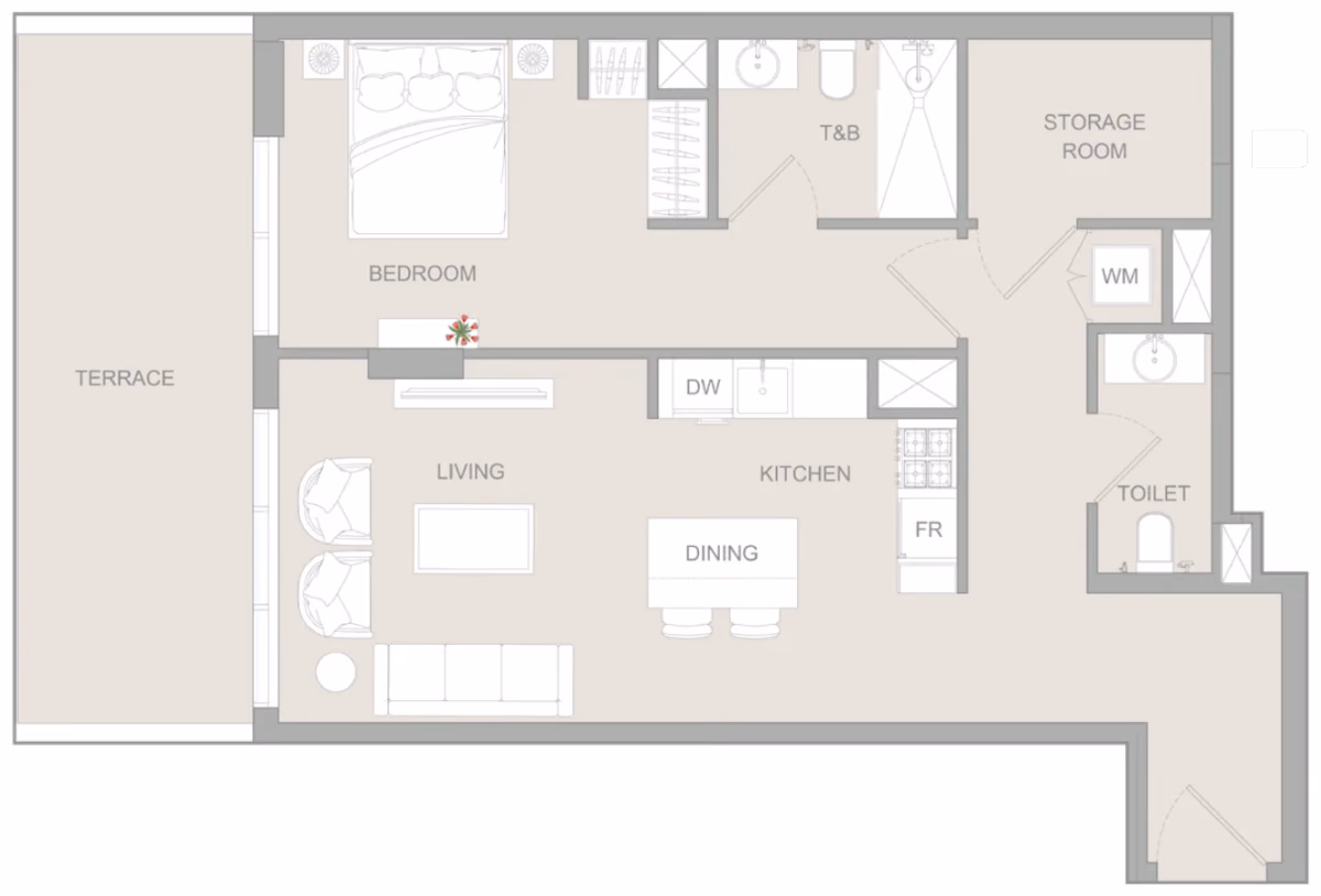 תוכנית חדר שינה אחד · 1 BR Type D ב־נדל"ן להשקעה Object1 S1LVA Park Living, באזור Jumeirah Village Triangle (JVT), דובאי