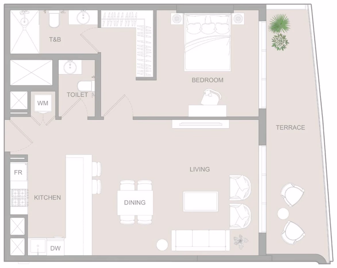 תוכנית חדר שינה אחד · 1 BR Type E ב־נדל"ן להשקעה Object1 S1LVA Park Living, באזור Jumeirah Village Triangle (JVT), דובאי