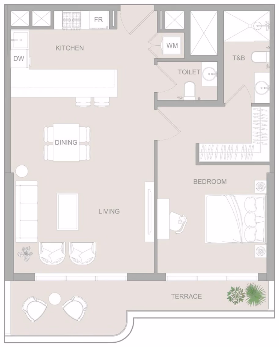 תוכנית חדר שינה אחד · 1 BR Type F ב־נדל"ן להשקעה Object1 S1LVA Park Living, באזור Jumeirah Village Triangle (JVT), דובאי
