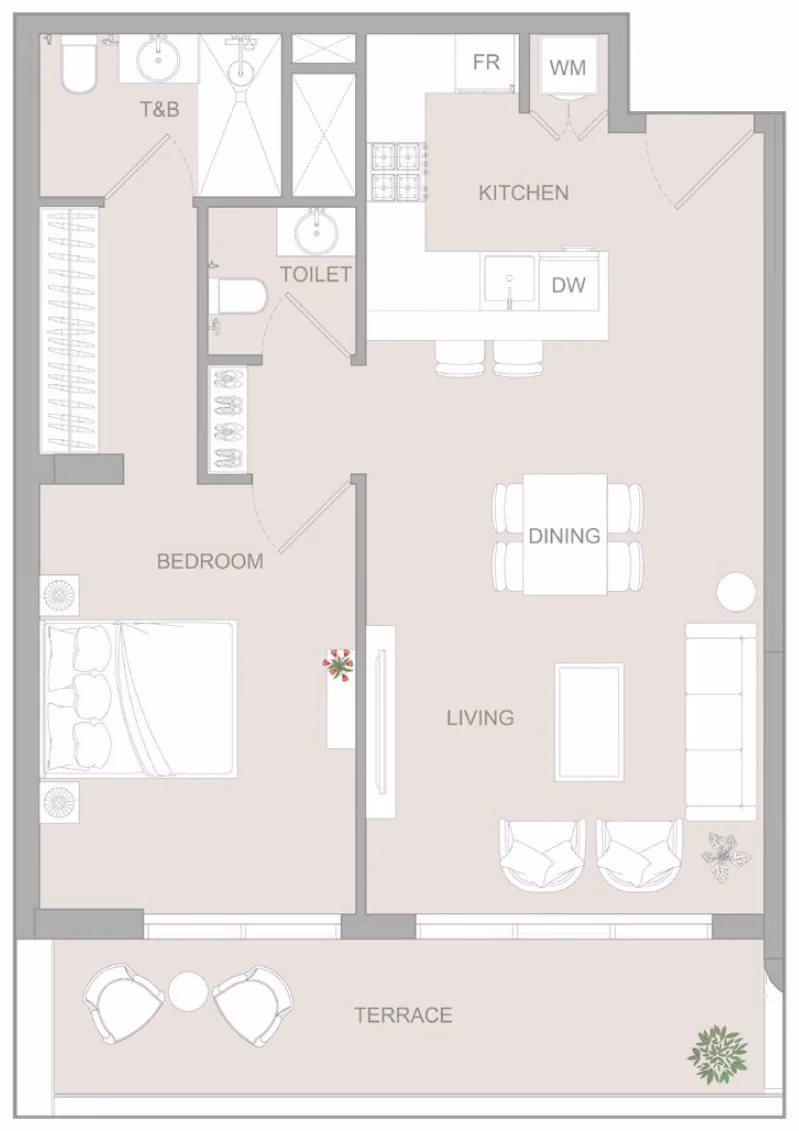תוכנית חדר שינה אחד · 1 BR Type G ב־נדל"ן להשקעה Object1 S1LVA Park Living, באזור Jumeirah Village Triangle (JVT), דובאי