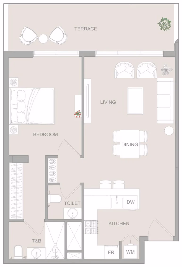 תוכנית חדר שינה אחד · 1 BR Type H ב־נדל"ן להשקעה Object1 S1LVA Park Living, באזור Jumeirah Village Triangle (JVT), דובאי