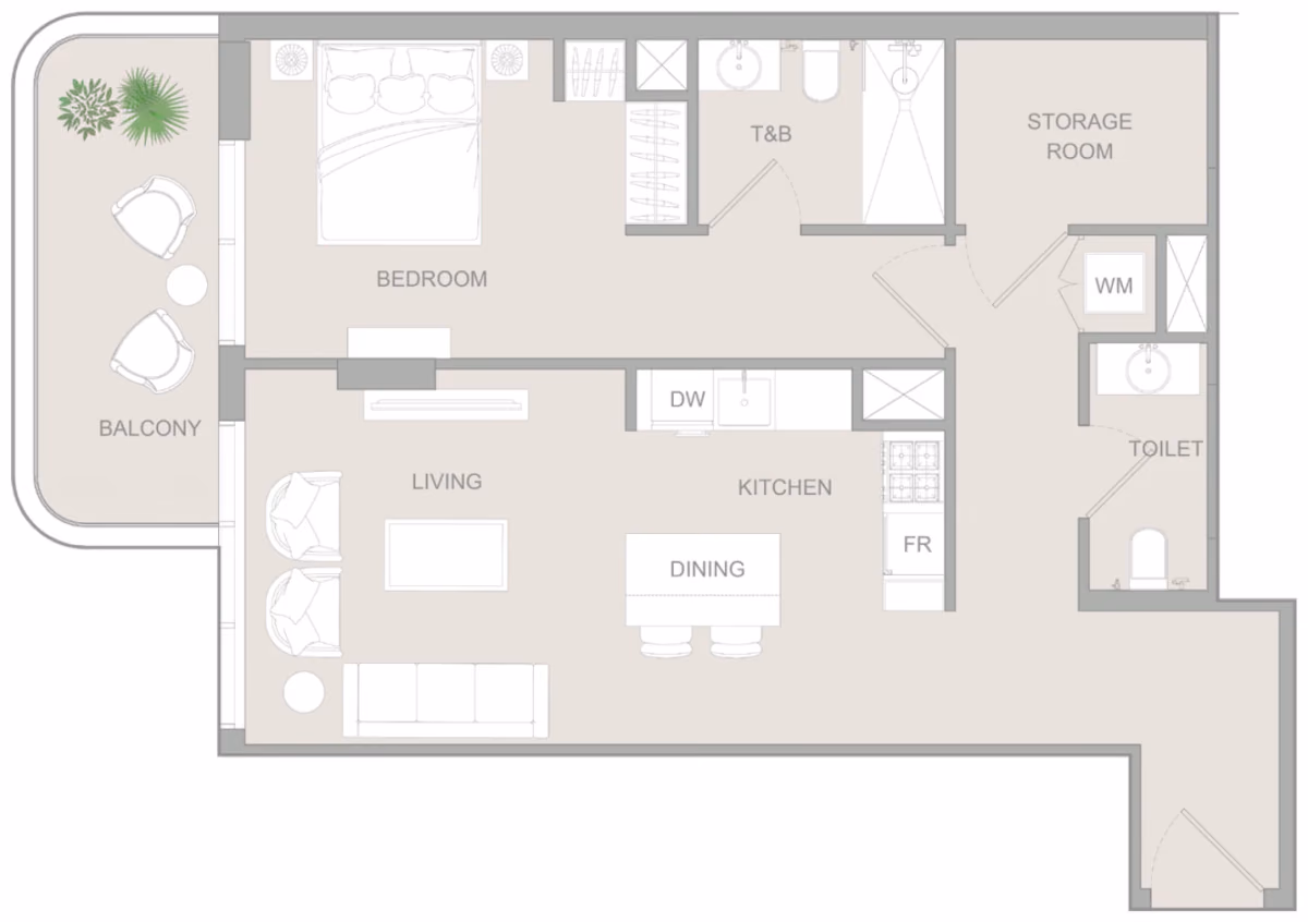 תוכנית חדר שינה אחד · 1 BR Type J ב־נדל"ן להשקעה Object1 S1LVA Park Living, באזור Jumeirah Village Triangle (JVT), דובאי