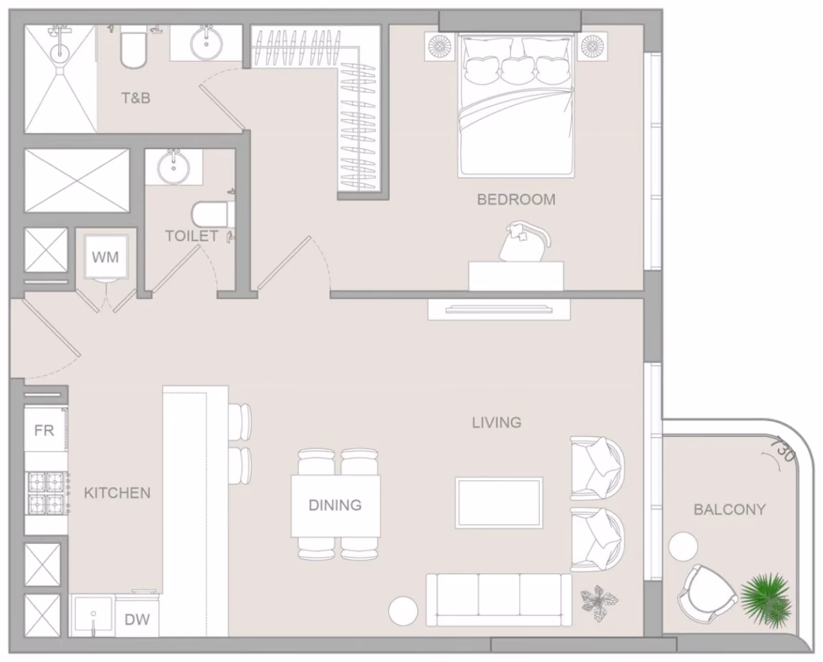 תוכנית חדר שינה אחד · 1 BR Type K ב־נדל"ן להשקעה Object1 S1LVA Park Living, באזור Jumeirah Village Triangle (JVT), דובאי