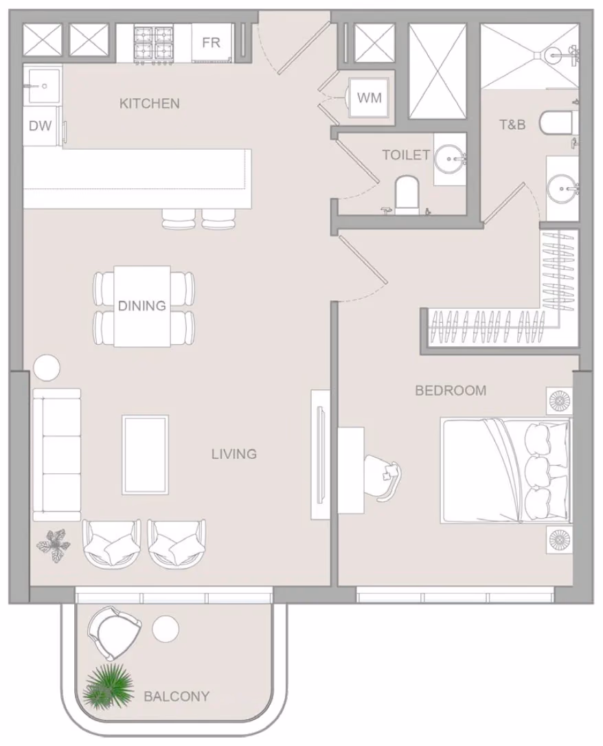 תוכנית חדר שינה אחד · 1 BR Type L ב־נדל"ן להשקעה Object1 S1LVA Park Living, באזור Jumeirah Village Triangle (JVT), דובאי