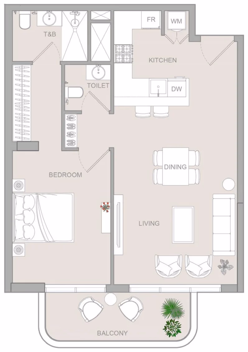 תוכנית חדר שינה אחד · 1 BR Type M ב־נדל"ן להשקעה Object1 S1LVA Park Living, באזור Jumeirah Village Triangle (JVT), דובאי
