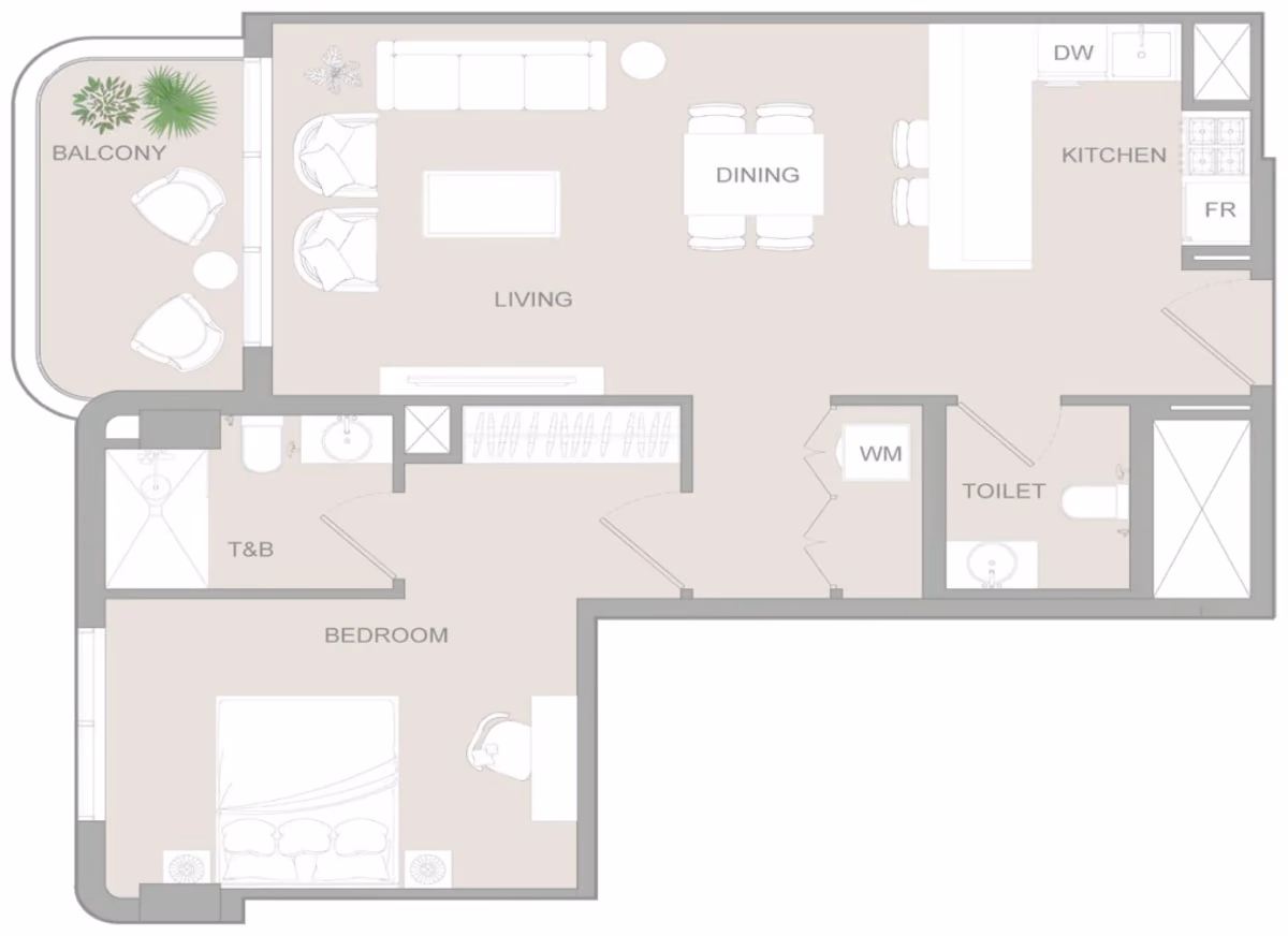 תוכנית חדר שינה אחד · 1 BR Type O ב־נדל"ן להשקעה Object1 S1LVA Park Living, באזור Jumeirah Village Triangle (JVT), דובאי