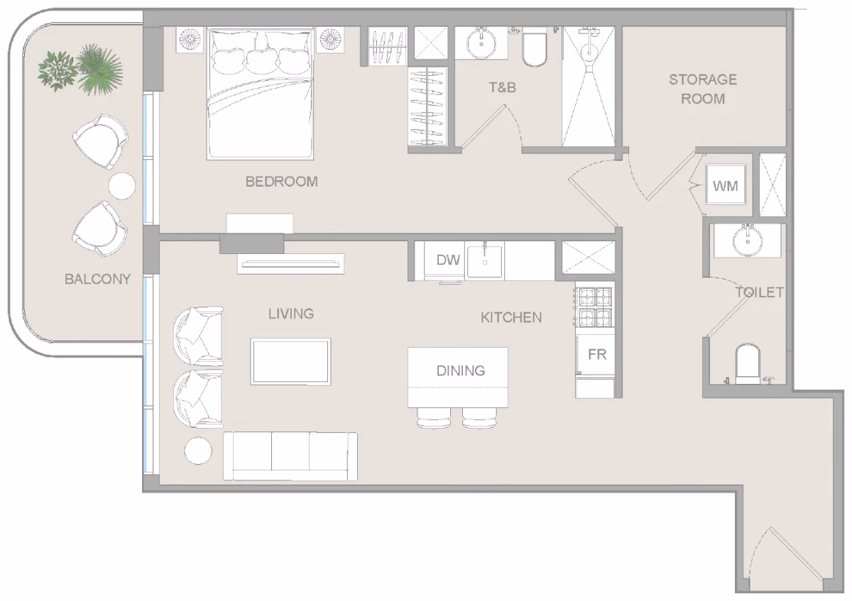 תוכנית חדר שינה אחד · 1 BR Type P ב־נדל"ן להשקעה Object1 S1LVA Park Living, באזור Jumeirah Village Triangle (JVT), דובאי