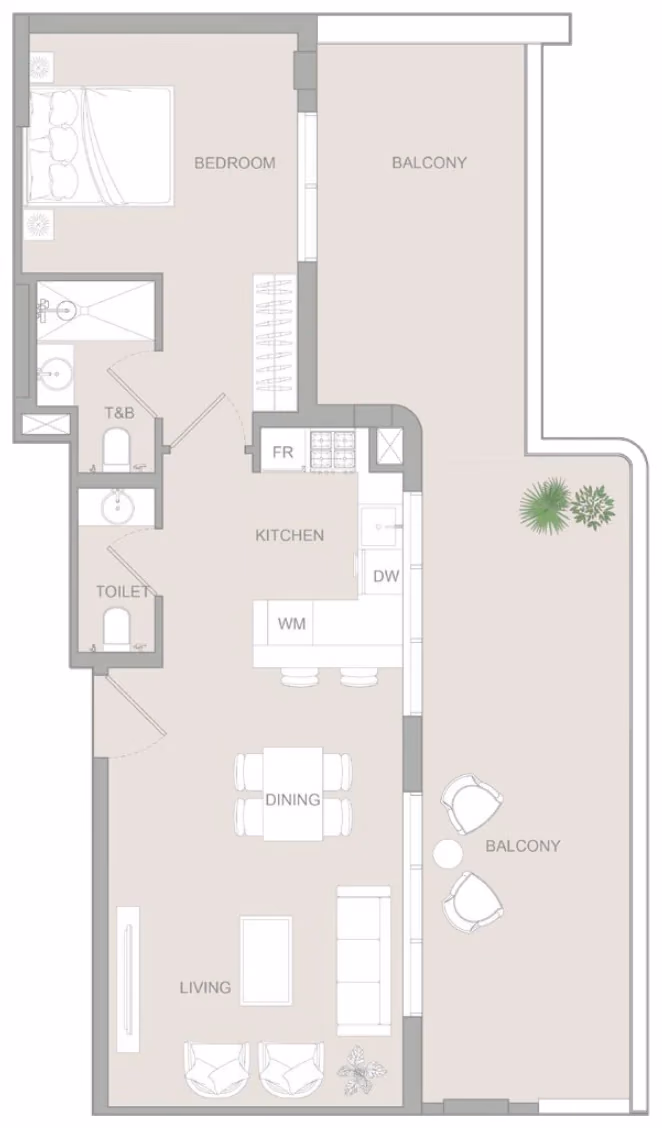 תוכנית חדר שינה אחד · 1 BR Type Q ב־נדל"ן להשקעה Object1 S1LVA Park Living, באזור Jumeirah Village Triangle (JVT), דובאי