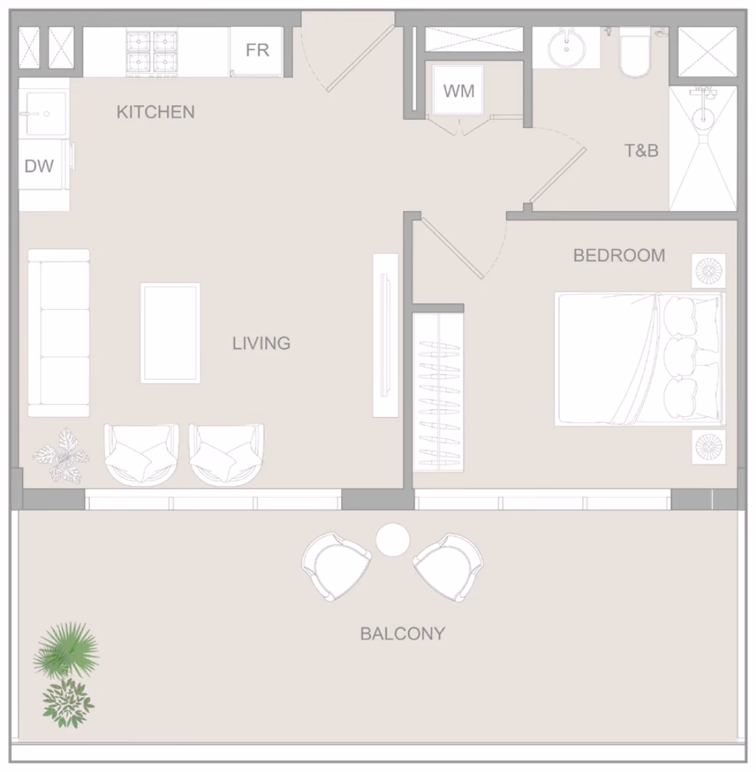 תוכנית חדר שינה אחד · 1 BR Type T ב־נדל"ן להשקעה Object1 S1LVA Park Living, באזור Jumeirah Village Triangle (JVT), דובאי