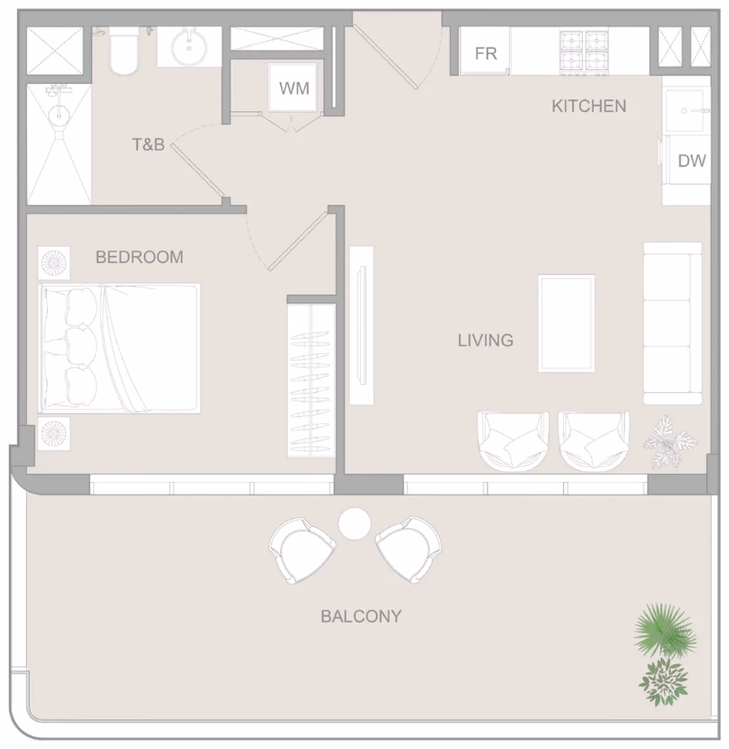 תוכנית חדר שינה אחד · 1 BR Type U ב־נדל"ן להשקעה Object1 S1LVA Park Living, באזור Jumeirah Village Triangle (JVT), דובאי
