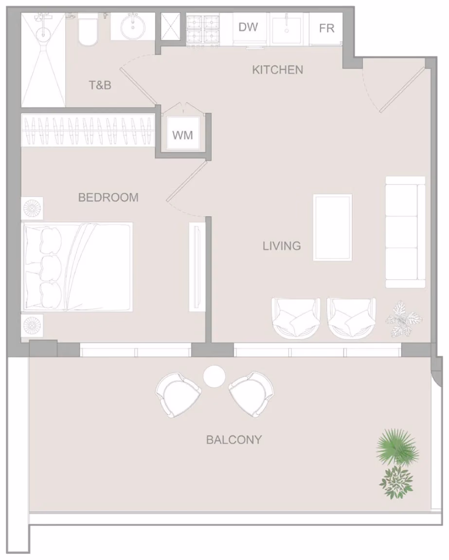 תוכנית חדר שינה אחד · 1 BR Type V ב־נדל"ן להשקעה Object1 S1LVA Park Living, באזור Jumeirah Village Triangle (JVT), דובאי