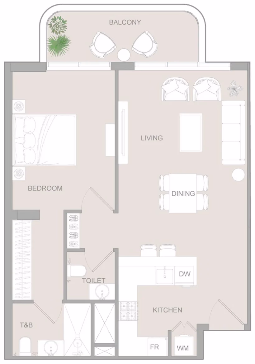 תוכנית חדר שינה אחד · 1 BR Type W ב־נדל"ן להשקעה Object1 S1LVA Park Living, באזור Jumeirah Village Triangle (JVT), דובאי