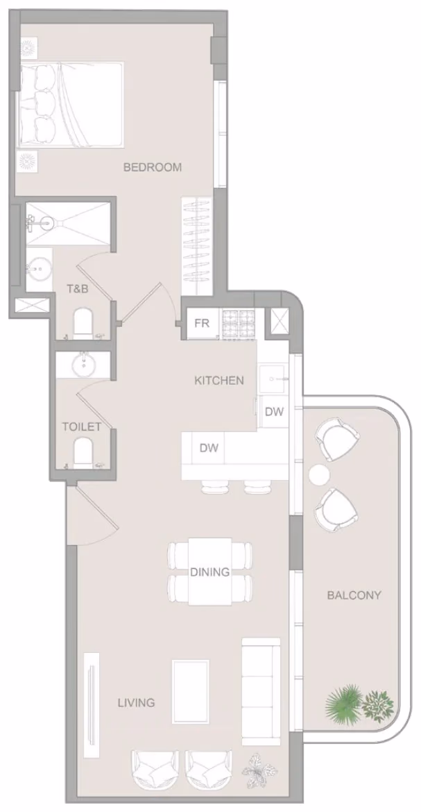 תוכנית חדר שינה אחד · 1 BR Type X ב־נדל"ן להשקעה Object1 S1LVA Park Living, באזור Jumeirah Village Triangle (JVT), דובאי