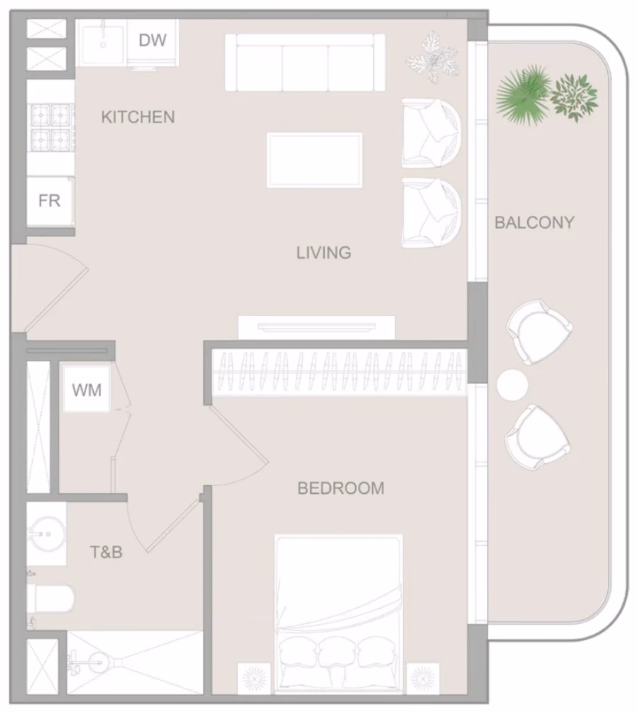 תוכנית חדר שינה אחד · 1 BR Type Y ב־נדל"ן להשקעה Object1 S1LVA Park Living, באזור Jumeirah Village Triangle (JVT), דובאי