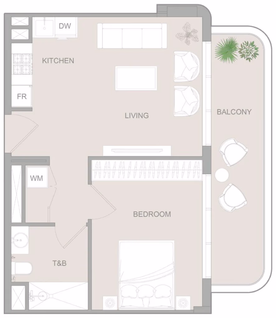 תוכנית חדר שינה אחד · 1 BR Type Z ב־נדל"ן להשקעה Object1 S1LVA Park Living, באזור Jumeirah Village Triangle (JVT), דובאי