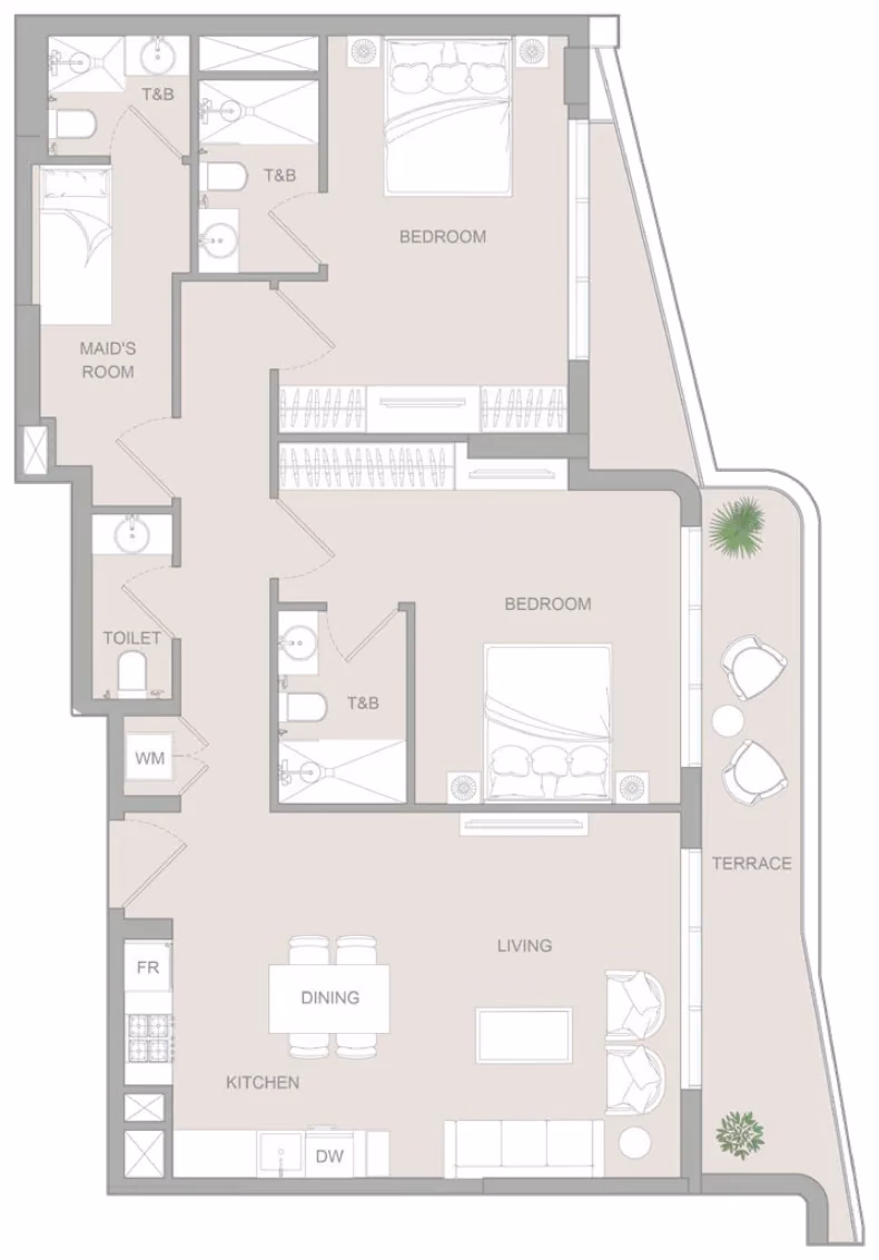 תוכנית 2 חדרי שינה · Two Bedroom Pro Type A ב־נדל"ן להשקעה Object1 S1LVA Park Living, באזור Jumeirah Village Triangle (JVT), דובאי