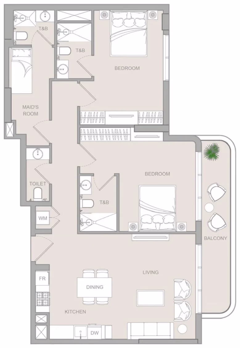 תוכנית 2 חדרי שינה · Two Bedroom Pro Type B ב־נדל"ן להשקעה Object1 S1LVA Park Living, באזור Jumeirah Village Triangle (JVT), דובאי