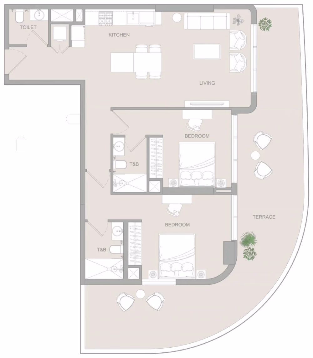 תוכנית 2 חדרי שינה · 2 BR Type A ב־נדל"ן להשקעה Object1 S1LVA Park Living, באזור Jumeirah Village Triangle (JVT), דובאי