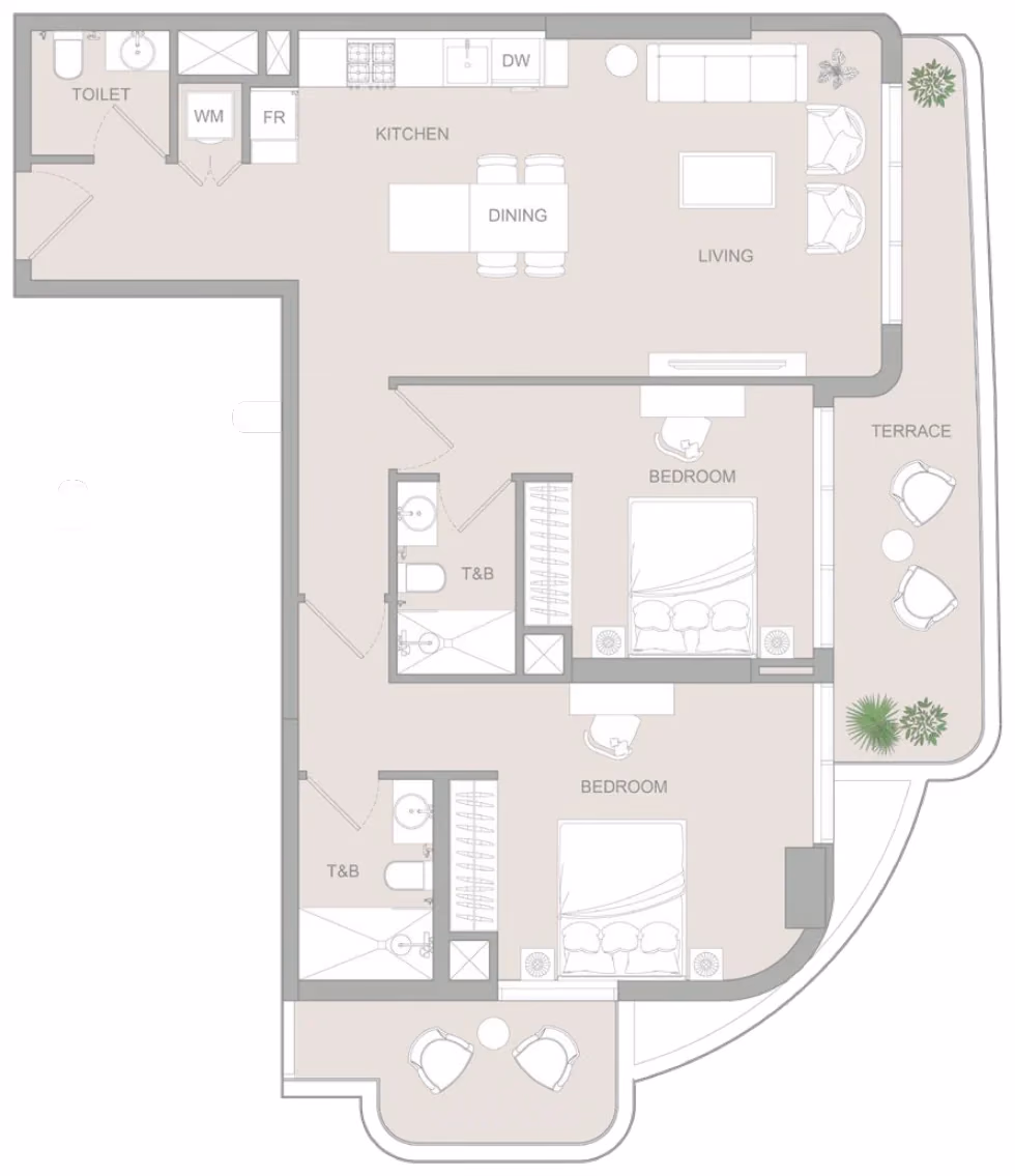 תוכנית 2 חדרי שינה · 2 BR Type B ב־נדל"ן להשקעה Object1 S1LVA Park Living, באזור Jumeirah Village Triangle (JVT), דובאי