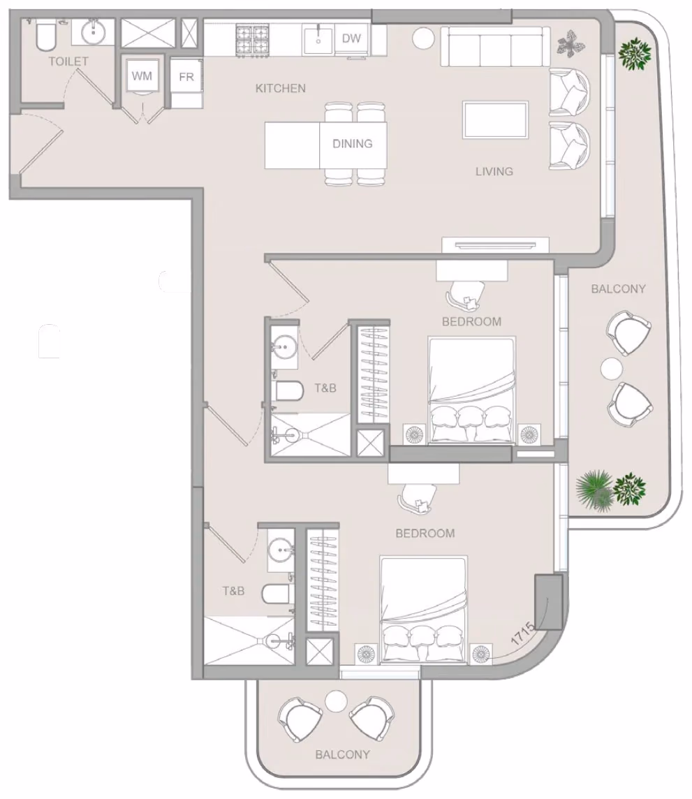 תוכנית 2 חדרי שינה · 2 BR Type C ב־נדל"ן להשקעה Object1 S1LVA Park Living, באזור Jumeirah Village Triangle (JVT), דובאי
