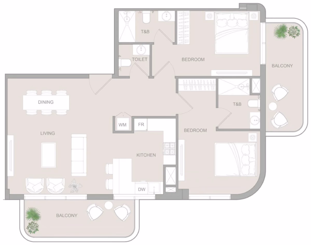 תוכנית 2 חדרי שינה · 2 BR Type E ב־נדל"ן להשקעה Object1 S1LVA Park Living, באזור Jumeirah Village Triangle (JVT), דובאי