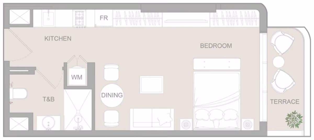 תוכנית סטודיו · Studio Type A ב־נדל"ן להשקעה Object1 S1LVA Park Living, באזור Jumeirah Village Triangle (JVT), דובאי