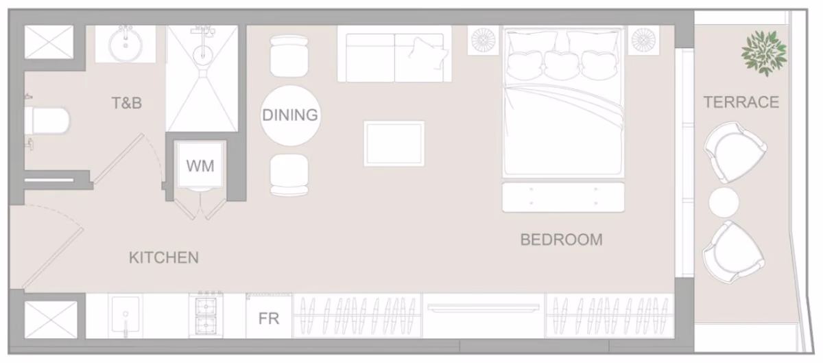 תוכנית סטודיו · Studio Type B ב־נדל"ן להשקעה Object1 S1LVA Park Living, באזור Jumeirah Village Triangle (JVT), דובאי
