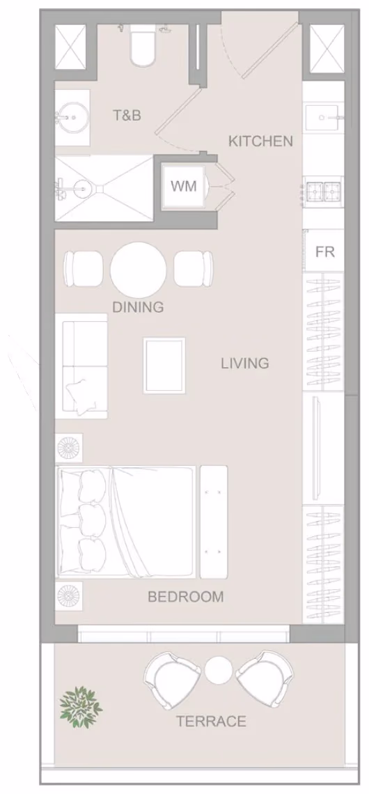 תוכנית סטודיו · Studio Type C ב־נדל"ן להשקעה Object1 S1LVA Park Living, באזור Jumeirah Village Triangle (JVT), דובאי