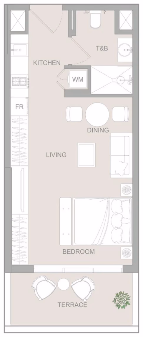 תוכנית סטודיו · Studio Type D 1 ב־נדל"ן להשקעה Object1 S1LVA Park Living, באזור Jumeirah Village Triangle (JVT), דובאי