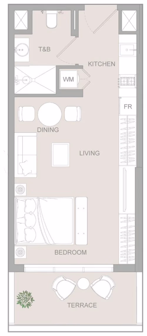 תוכנית סטודיו · Studio Type D 2 ב־נדל"ן להשקעה Object1 S1LVA Park Living, באזור Jumeirah Village Triangle (JVT), דובאי