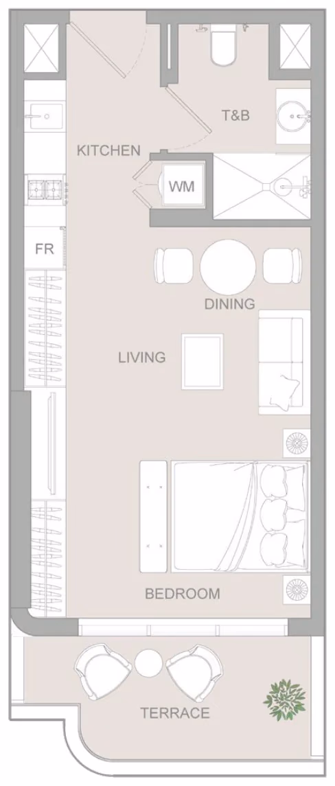 תוכנית סטודיו · Studio Type E ב־נדל"ן להשקעה Object1 S1LVA Park Living, באזור Jumeirah Village Triangle (JVT), דובאי