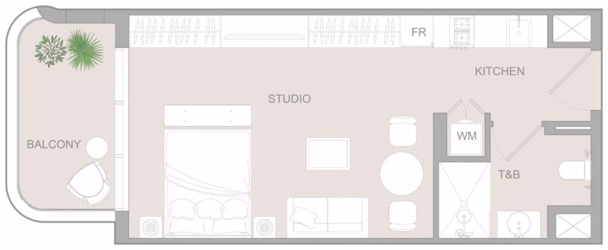 תוכנית סטודיו · Studio Type F ב־נדל"ן להשקעה Object1 S1LVA Park Living, באזור Jumeirah Village Triangle (JVT), דובאי