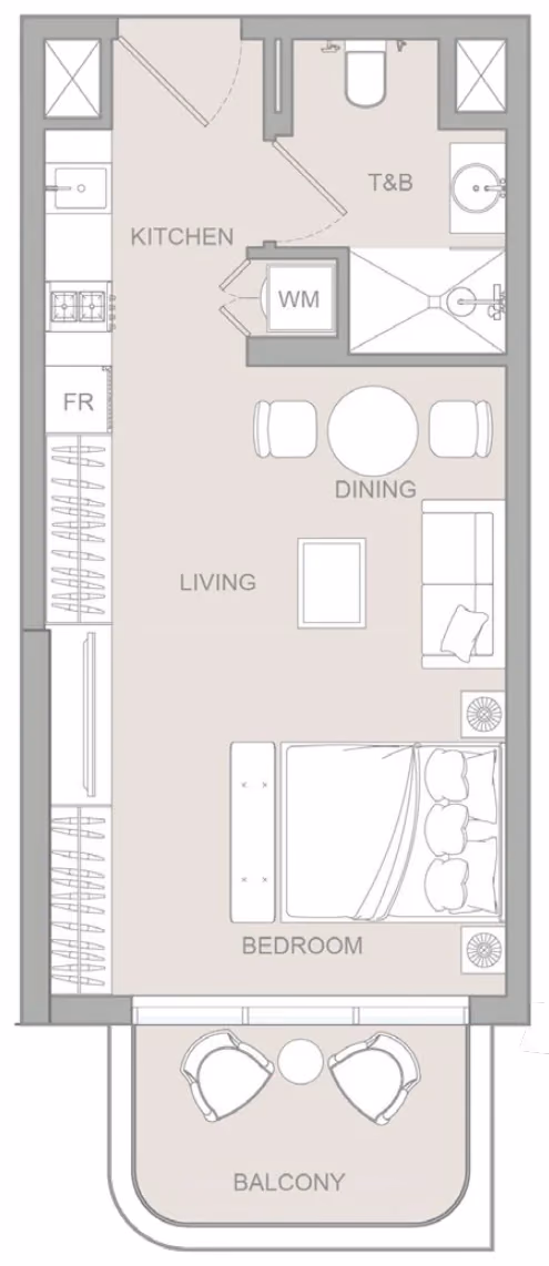 תוכנית סטודיו · Studio Type J 1 ב־נדל"ן להשקעה Object1 S1LVA Park Living, באזור Jumeirah Village Triangle (JVT), דובאי