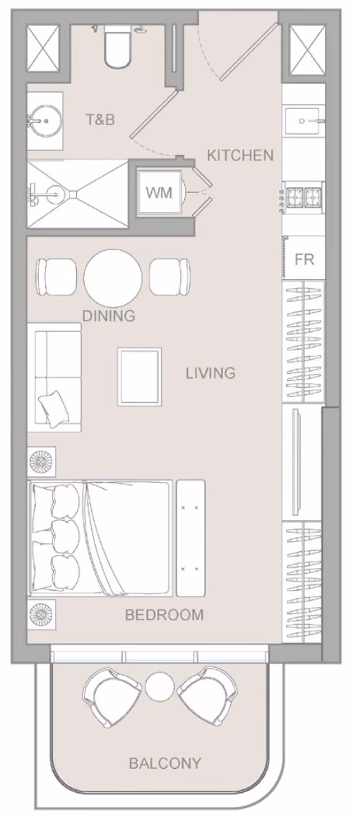 תוכנית סטודיו · Studio Type J 2 ב־נדל"ן להשקעה Object1 S1LVA Park Living, באזור Jumeirah Village Triangle (JVT), דובאי