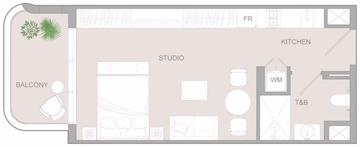 תוכנית סטודיו · Studio Type O ב־נדל"ן להשקעה Object1 S1LVA Park Living, באזור Jumeirah Village Triangle (JVT), דובאי
