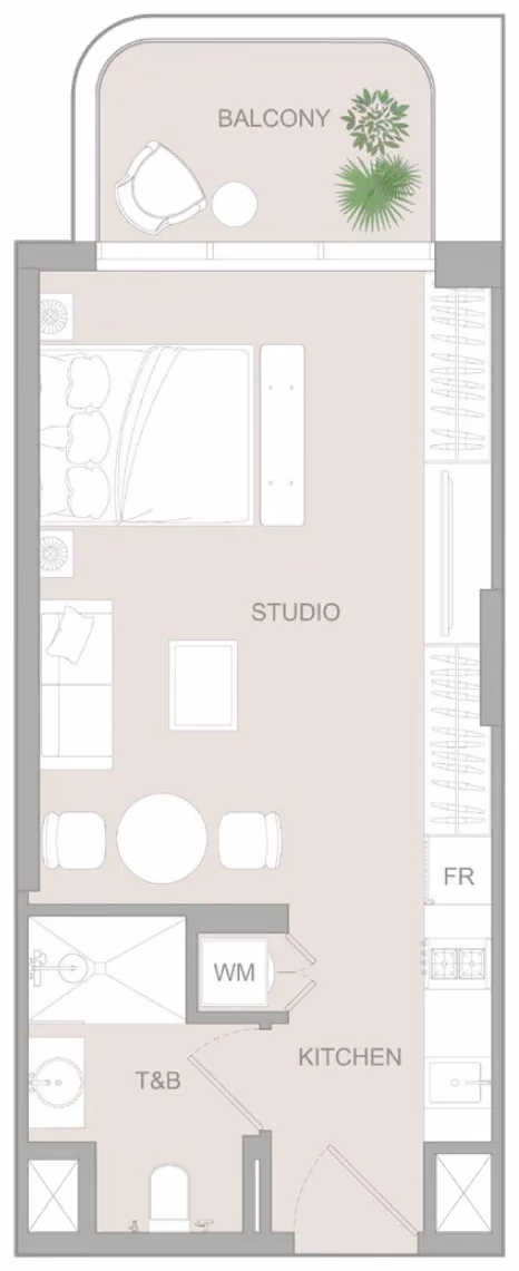 תוכנית סטודיו · Studio Type P ב־נדל"ן להשקעה Object1 S1LVA Park Living, באזור Jumeirah Village Triangle (JVT), דובאי