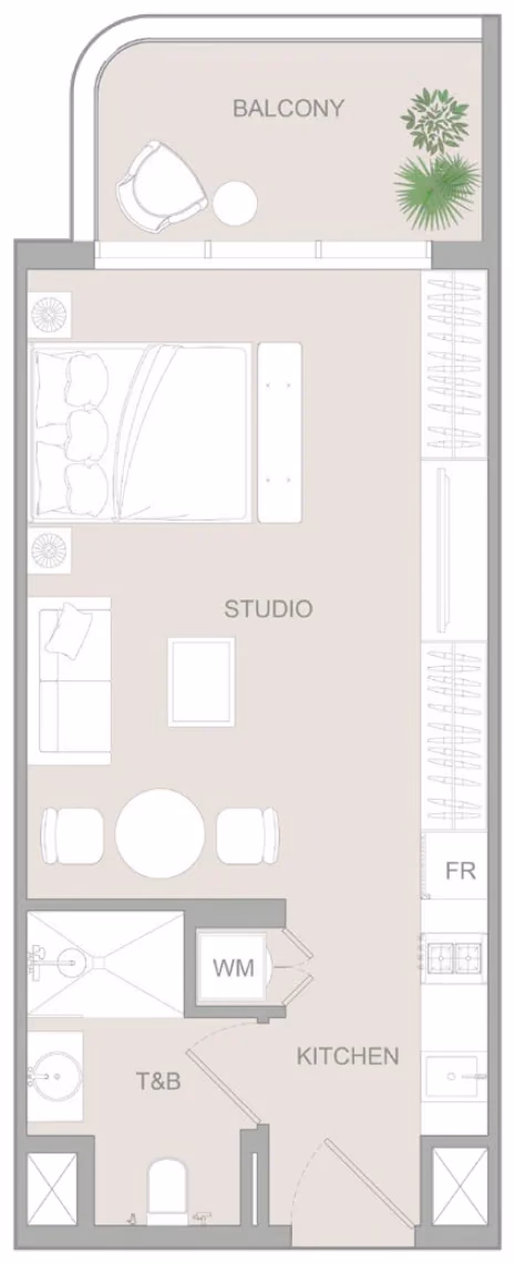 תוכנית סטודיו · Studio Type R ב־נדל"ן להשקעה Object1 S1LVA Park Living, באזור Jumeirah Village Triangle (JVT), דובאי