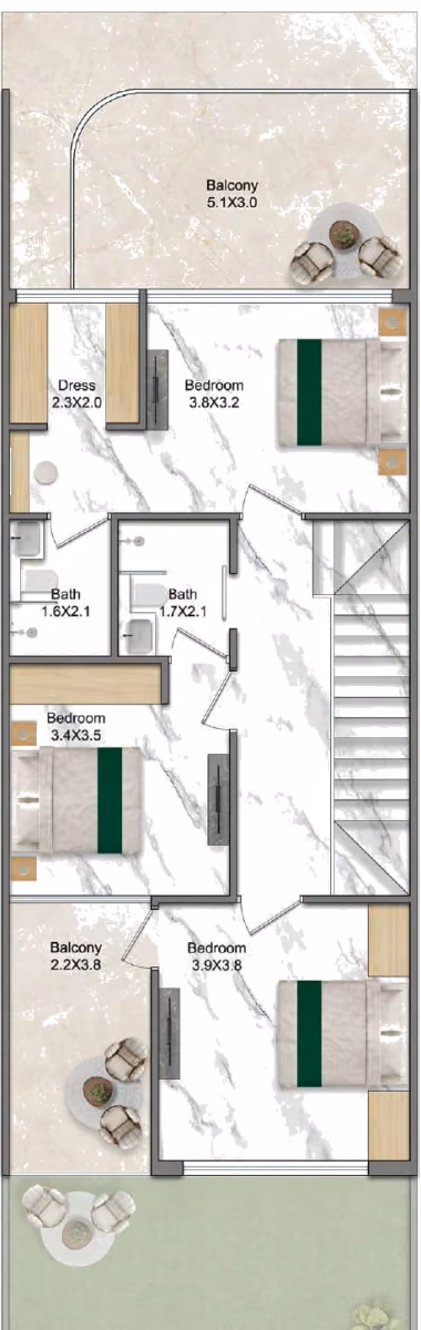 תוכנית 3 חדרי שינה · טאון האוס · 3 BHK Townhouse ב־נדל"ן להשקעה Greenz by Danube, באזור Dubai Academic City, דובאי (קומה ראשונה)