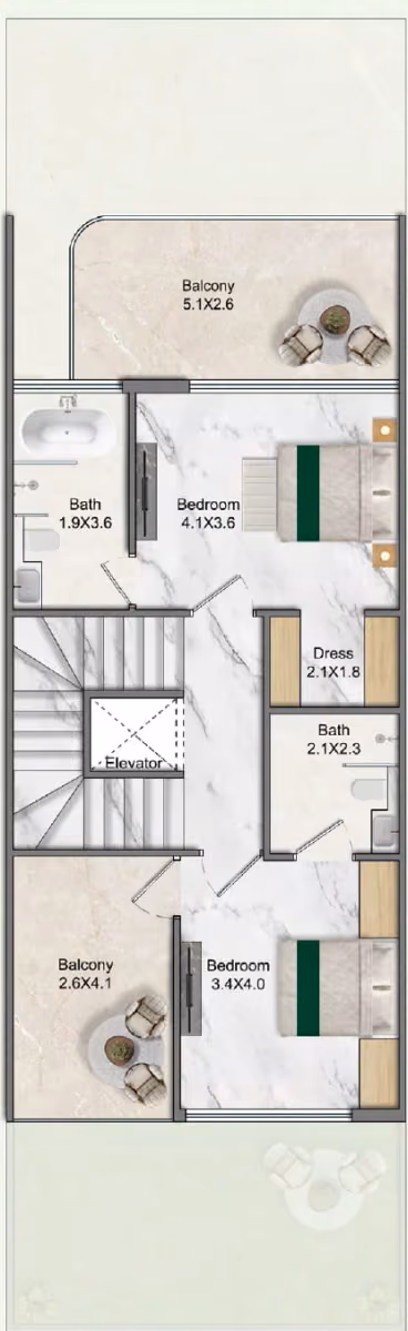 תוכנית 4 חדרי שינה · טאון האוס · Townhouse Premium ב־נדל"ן להשקעה Greenz by Danube, באזור Dubai Academic City, דובאי (קומה שנייה)