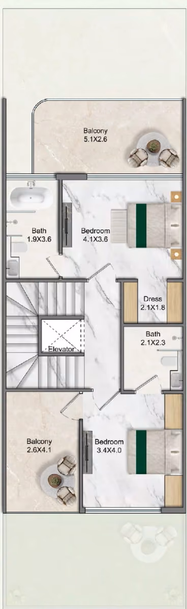 תוכנית 4 חדרי שינה · טאון האוס · Townhouse Premium Single Row ב־נדל"ן להשקעה Greenz by Danube, באזור Dubai Academic City, דובאי (קומה שנייה)