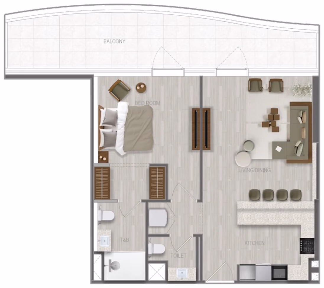 תוכנית חדר שינה אחד · 1 BR Type 07 ב־נדל"ן להשקעה A1LA Residence, באזור Al Reem Island, אבו דאבי