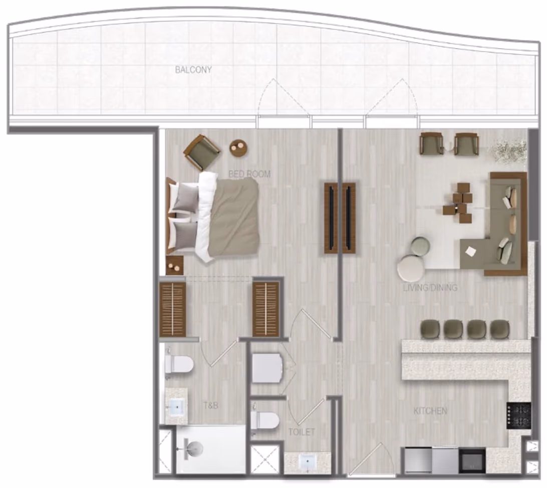 תוכנית חדר שינה אחד · 1 BR Type 09 ב־נדל"ן להשקעה A1LA Residence, באזור Al Reem Island, אבו דאבי