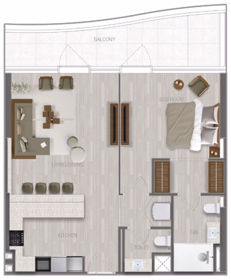 תוכנית חדר שינה אחד · 1 BR Type 10 ב־נדל"ן להשקעה A1LA Residence, באזור Al Reem Island, אבו דאבי