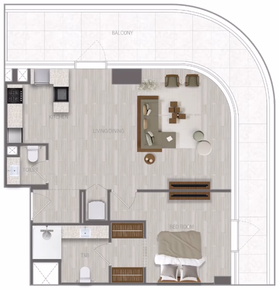 תוכנית חדר שינה אחד · 1 BR Type 12 ב־נדל"ן להשקעה A1LA Residence, באזור Al Reem Island, אבו דאבי