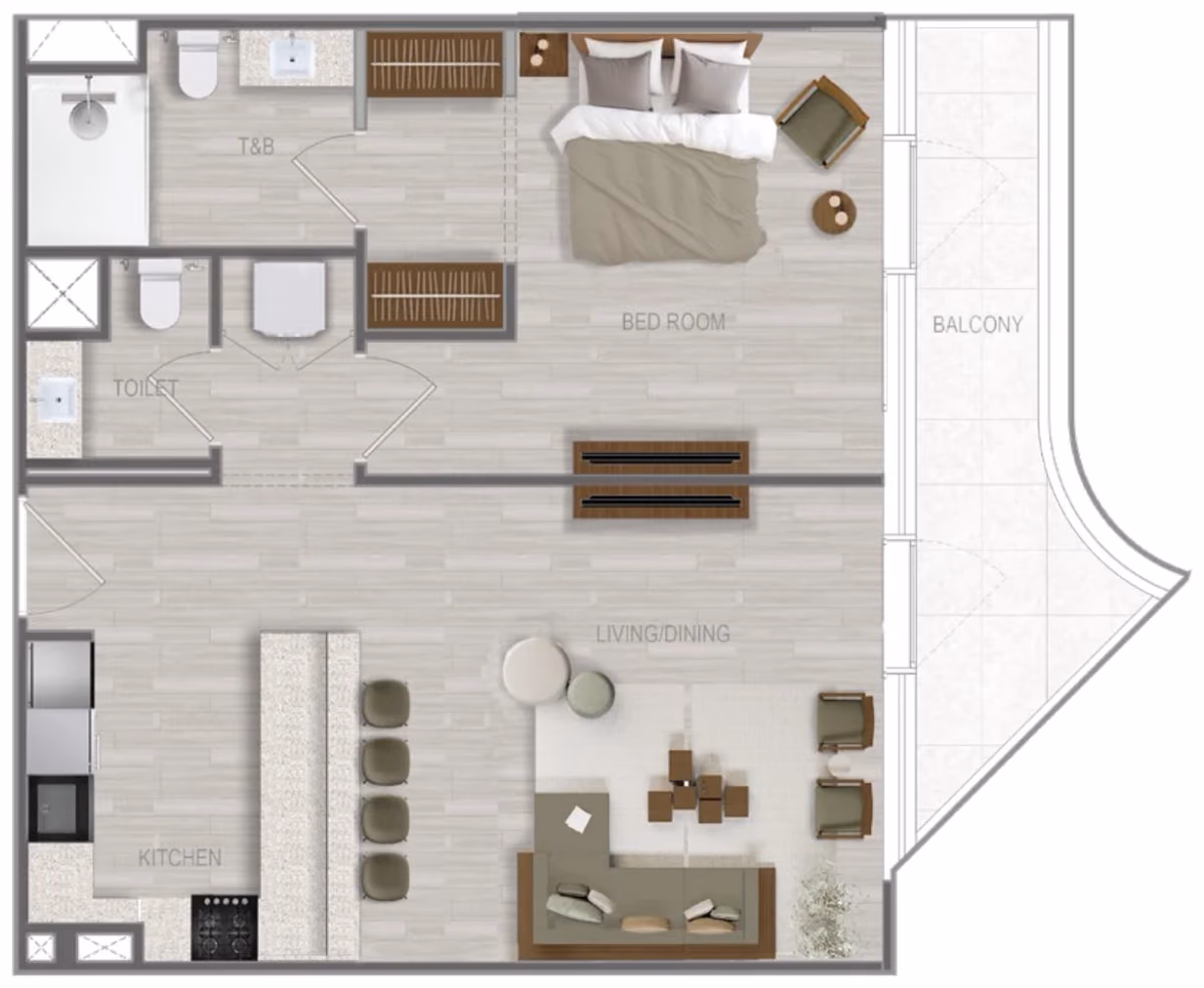 תוכנית חדר שינה אחד · 1 BR Type 13 ב־נדל"ן להשקעה A1LA Residence, באזור Al Reem Island, אבו דאבי