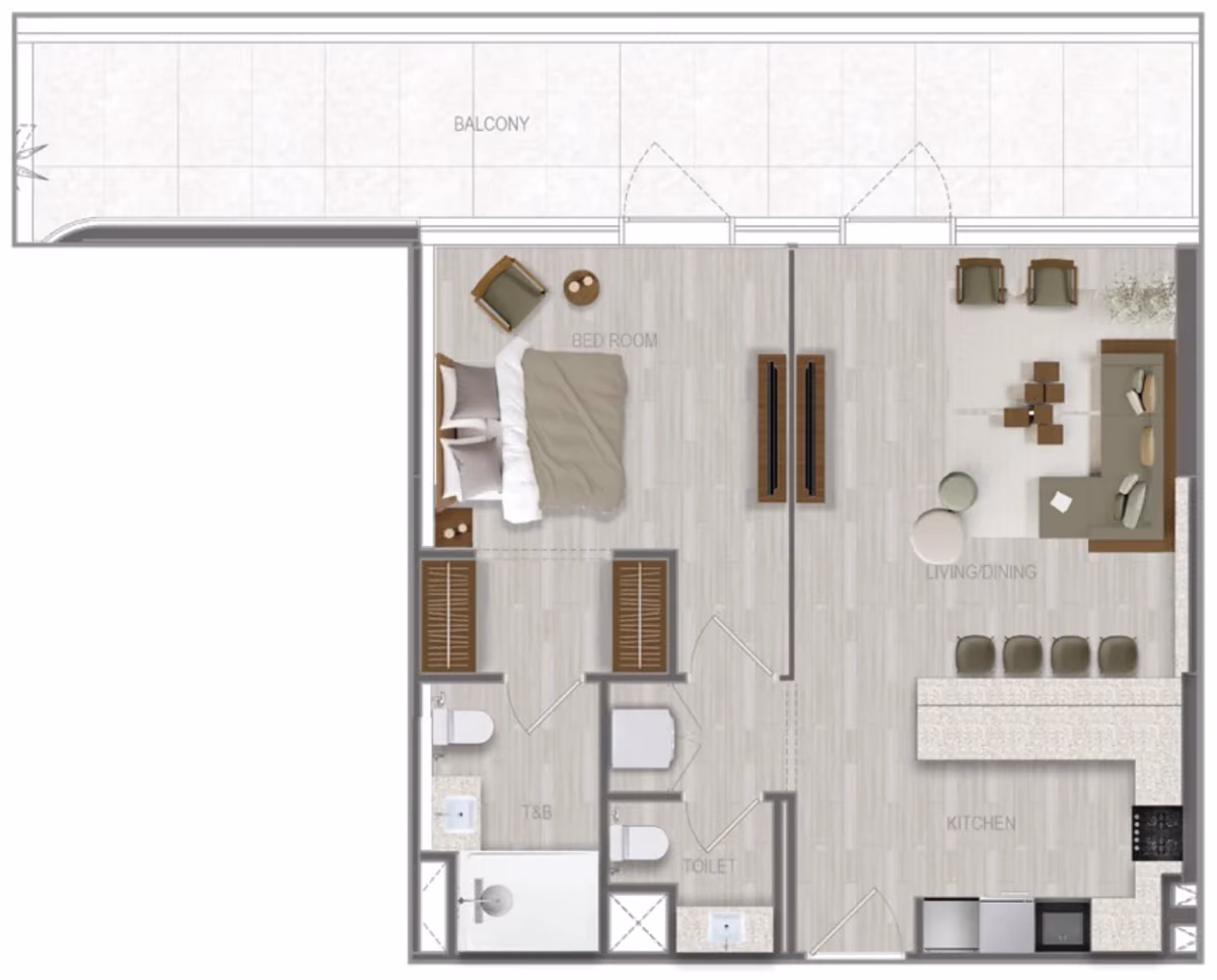 תוכנית חדר שינה אחד · 1 BR Type 14 ב־נדל"ן להשקעה A1LA Residence, באזור Al Reem Island, אבו דאבי